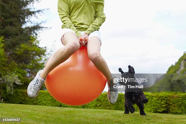 woman on bouncy ball playing with dog - rebound stock pictures, royalty-free photos & images