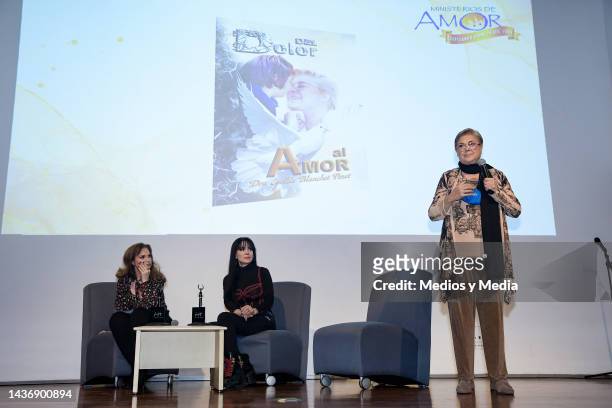 Ana Patricia Rojo, Maribel Guardia and Cecilia Blanchet speak during the presentation of the book 'Amor & Dolor' at Museo de Memoria y Tolerancia on...