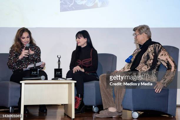 Ana Patricia Rojo, Maribel Guardia and Cecilia Blanchet speak during the presentation of the book 'Amor & Dolor' at Museo de Memoria y Tolerancia on...