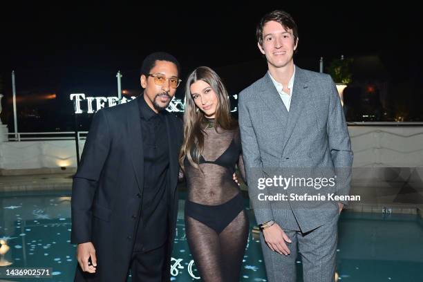 Larry Jackson, Hailey Bieber, and Alexandre Arnault attend as Tiffany & Co. Celebrates the launch of the Lock Collection at Sunset Tower Hotel on...