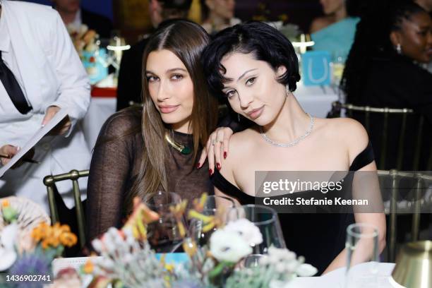 Hailey Bieber and Alexa Demie attend as Tiffany & Co. Celebrates the launch of the Lock Collection at Sunset Tower Hotel on October 26, 2022 in Los...