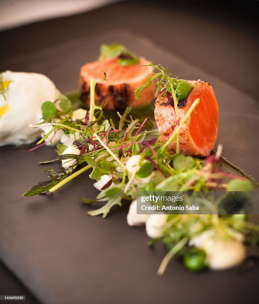 Plate of seared salmon and salad