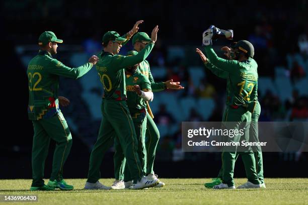 Tristan Stubbs of South Africa celebrates with team mates after catching Litton Das of Bangladesh off a delivery by Tabraiz Shamsi of South Africa...