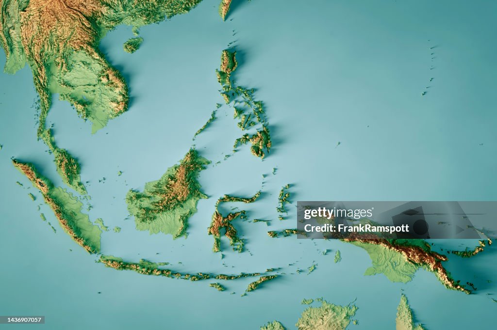 Topografische Karte Südostasien Horizontale 3D-Renderfarbe