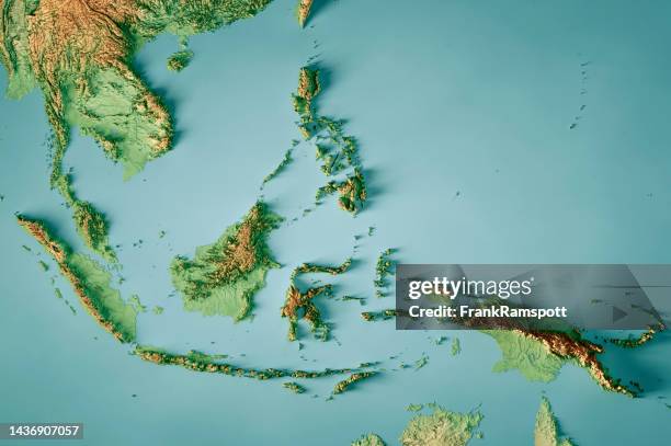 southeast asia topographic map horizontal 3d render color - indonesia map stockfoto's en -beelden