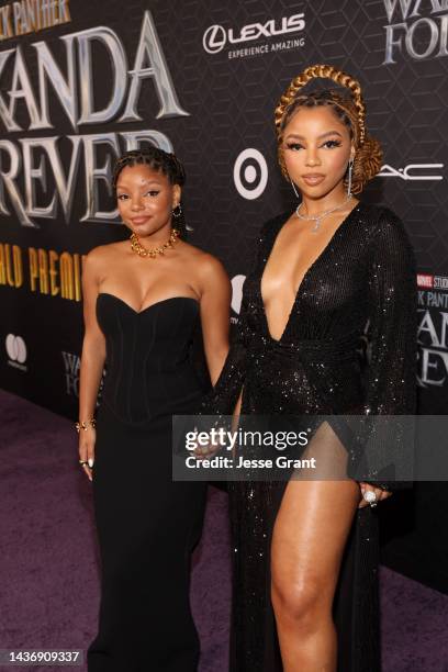 Halle Bailey and Chloe Bailey attend the Black Panther: Wakanda Forever World Premiere at the El Capitan Theatre in Hollywood, California on October...