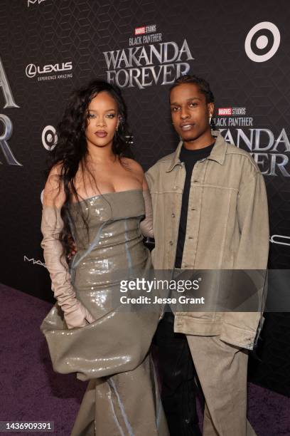 Rihanna and A$AP Rocky attend the Black Panther: Wakanda Forever World Premiere at the El Capitan Theatre in Hollywood, California on October 26,...