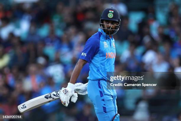 Rahul of India leaves the field after being dismissed by Paul van Meekeren of the Netherlands during the ICC Men's T20 World Cup match between India...