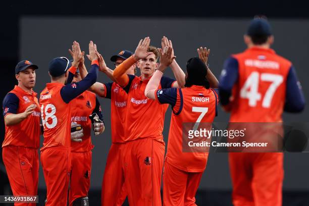 Fred Klaassen of the Netherlands celebrates dismissing Rohit Sharma of India during the ICC Men's T20 World Cup match between India and Netherlands...