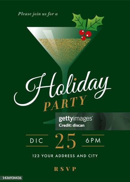 ilustrações de stock, clip art, desenhos animados e ícones de holiday cocktail party invitation with martini glass. vector illustration. - happy hour