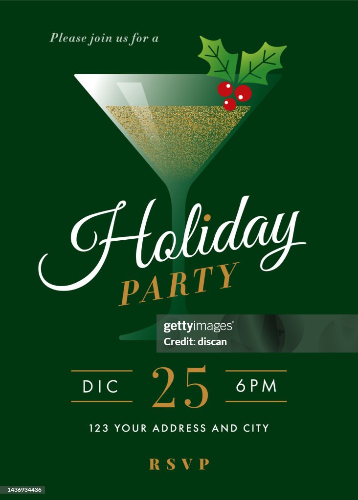 Holiday Cocktail Party invitation with Martini glass. Vector illustration.