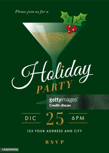 holiday cocktail party invitation with martini glass. vector illustration. - holiday stock illustrations