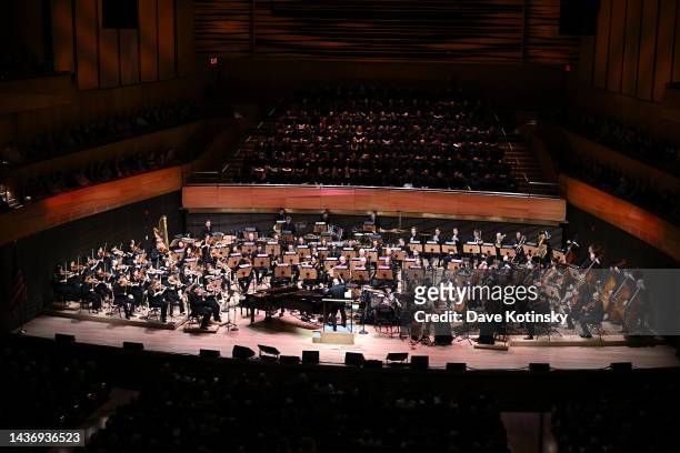 The New York Philharmonic performs onstage as Lincoln Center and New York Philharmonic celebrate the opening of new David Geffen Hall with Gala...