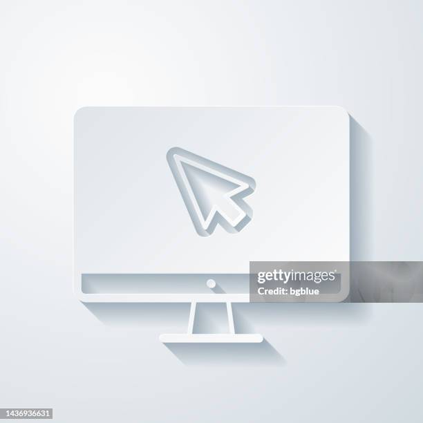 desktop computer with pointer. icon with paper cut effect on blank background - using computer blank screen stock illustrations