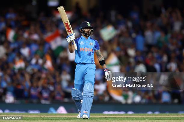 Virat Kohli of India celebrates after reaching their half century during the ICC Men's T20 World Cup match between India and Netherlands at Sydney...