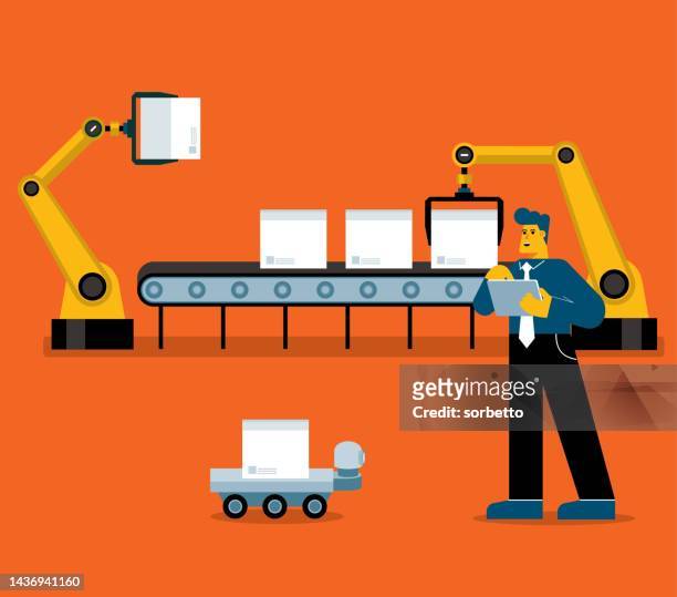 automation robot arm machine - planning using tablet stock illustrations