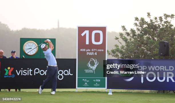 Edoardo Molinari of Italy plays his tee shot on the 10th hole during Day One of the Portugal Masters at Dom Pedro Victoria Golf Course on October 27,...