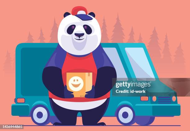 courier panda holding carton of smiley emoticon and standing beside delivery van - threatened species stock illustrations