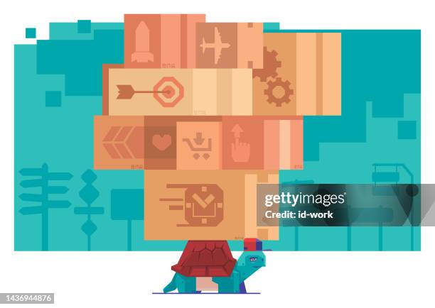 stockillustraties, clipart, cartoons en iconen met courier tortoise carrying pile of cartons - langzaam