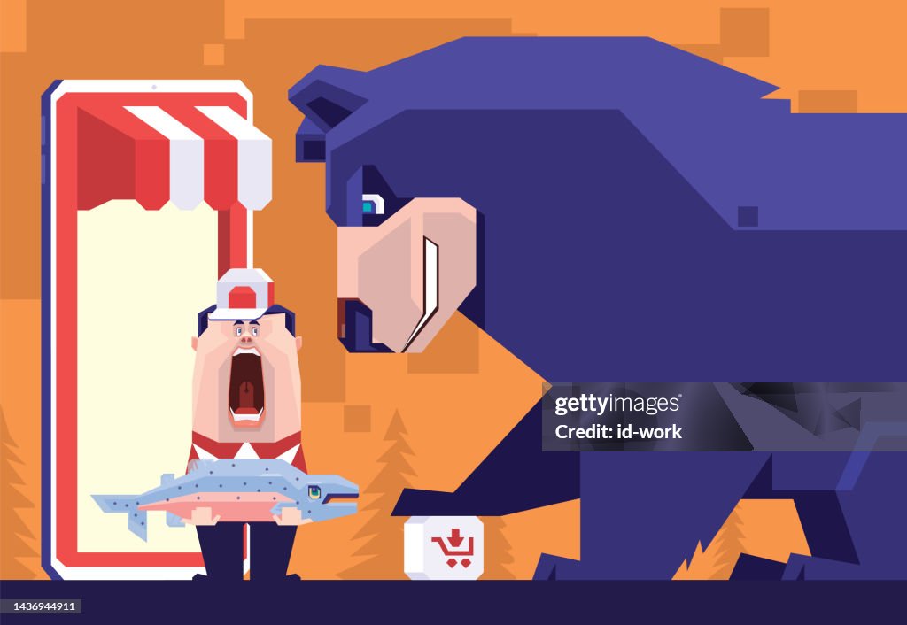 Courier holding fishing and screaming while meeting bear with smartphone