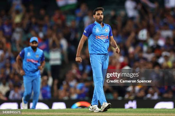 Bhuvneshwar Kumar of India celebrates dismissing Vikram Singh of the Netherlands during the ICC Men's T20 World Cup match between India and...