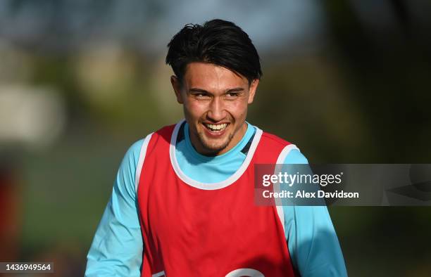 Marcus Smith of England reacts during a England Rugby Training session at Jersey Rugby Club on October 27, 2022 in Saint Peter, Jersey.