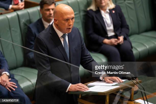 Opposition leader Peter Dutton delivers his budget reply speech at Parliament House on October 27, 2022 in Canberra, Australia. Opposition leader...