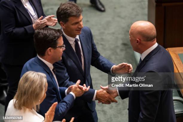 Angus Taylor MP congratulates opposition leader Peter Dutton after delivering his budget reply speech at Parliament House on October 27, 2022 in...