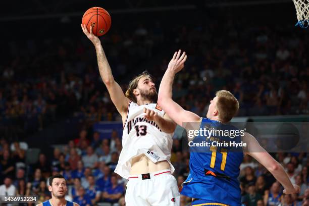 Sam Froling of the Hawks shoots during the round five NBL match between Brisbane Bullets and Illawarra Hawks at Nissan Arena, on October 27 in...