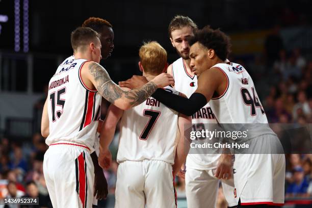 Hawks huddle during the round five NBL match between Brisbane Bullets and Illawarra Hawks at Nissan Arena, on October 27 in Brisbane, Australia.