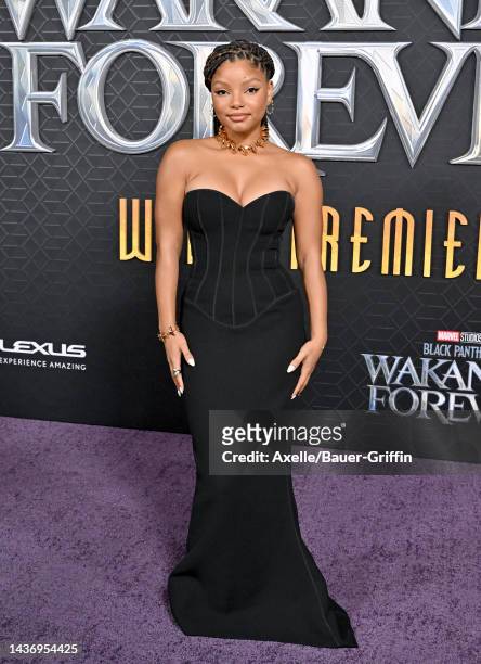 Halle Bailey attends Marvel Studios' "Black Panther 2: Wakanda Forever" Premiere at Dolby Theatre on October 26, 2022 in Hollywood, California.