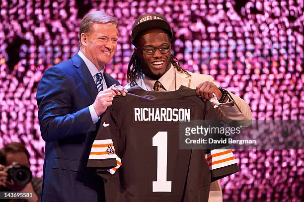 Cleveland Browns RB and No 3 overall pick Trent Richardson with NFL commissioner Roger Goodell during selection process at Radio City Music Hall. New...
