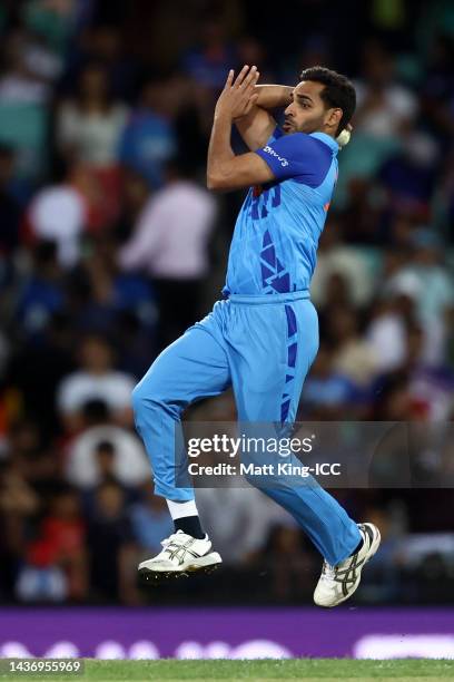 Bhuvneshwar Kumar of India bowls during the ICC Men's T20 World Cup match between India and Netherlands at Sydney Cricket Ground on October 27, 2022...