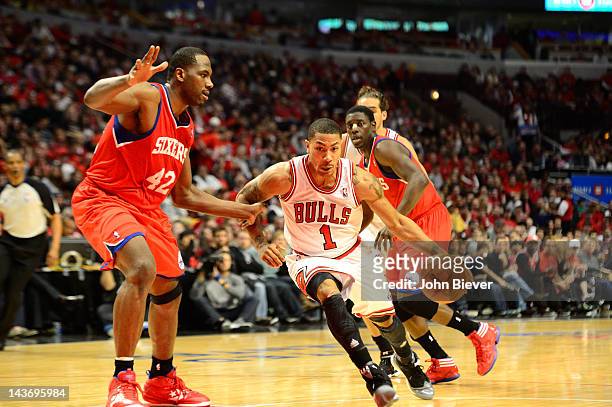 Playoffs: Chicago Bulls Derrick Rose in action vs Philadelphia 76ers Elton Brand at United Center. Game 1. Chicago, IL 4/28/2012 CREDIT: John Biever