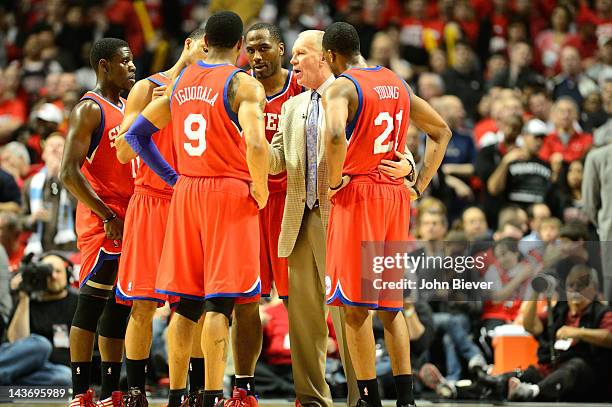 Playoffs: Philadelphia 76ers head coach Doug Collins in huddle with team during game vs Chicago Bulls at United Center. Game 1. Chicago, IL 4/28/2012...