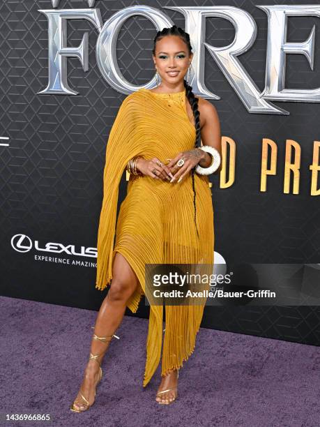 Karrueche Tran attends Marvel Studios' "Black Panther 2: Wakanda Forever" Premiere at Dolby Theatre on October 26, 2022 in Hollywood, California.