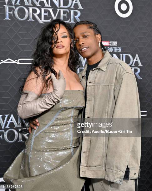 Rihanna and A$AP Rocky attend Marvel Studios' "Black Panther 2: Wakanda Forever" Premiere at Dolby Theatre on October 26, 2022 in Hollywood,...