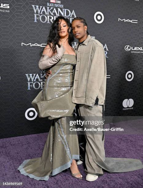 Rihanna and A$AP Rocky attend Marvel Studios' "Black Panther 2: Wakanda Forever" Premiere at Dolby Theatre on October 26, 2022 in Hollywood,...