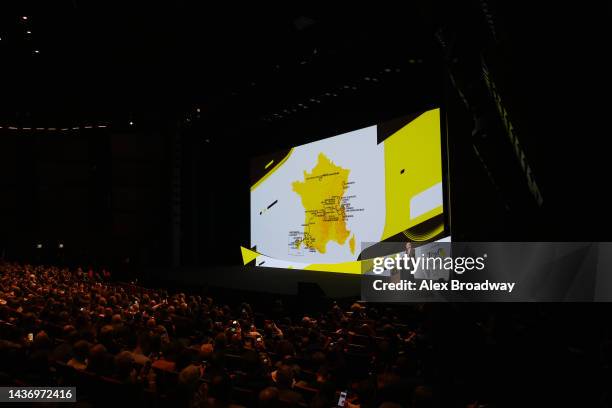 General view of Christian Prudhomme of France Director of Le Tour de France showing the route of the men's race during the 110th Tour de France 2023...