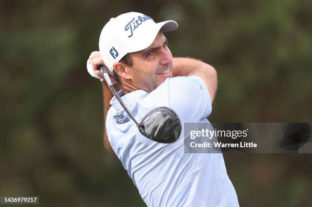 Edoardo Molinari of Italy plays his tee shot on the second hole during Day One of the Portugal Masters at Dom Pedro Victoria Golf Course on October...