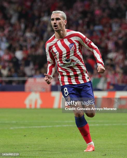 Antoine Griezmann of Atletico de Madrid reacts during the UEFA Champions League group B match between Atletico Madrid and Bayer 04 Leverkusen at...