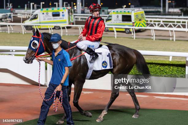Jockey Zac Purton riding Kings Shield wins the Race 4 Kwok Shui Handicap at Sha Tin Racecourse on October 26, 2022 in Hong Kong.