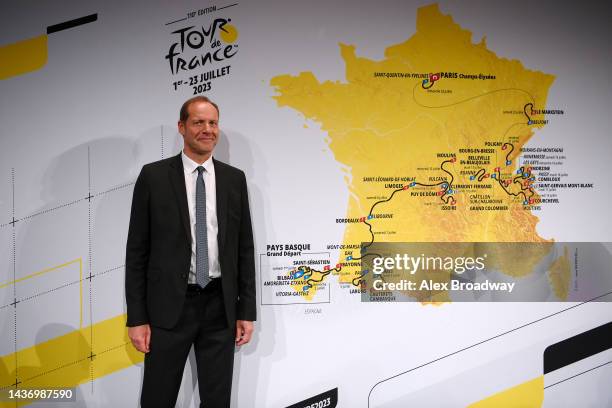 Christian Prudhomme of France Director of Le Tour de France and the map showing the route of the men's race during the 110th Tour de France 2023 and...