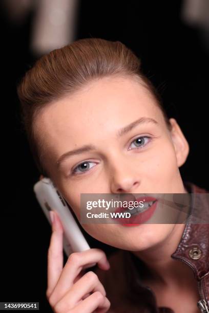 Model backstage at Isaac Mizrahi's spring 2010 runway show at Bryant Park Tent..