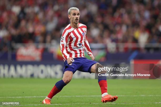 Antoine Griezmann of Atletico de Madrid in action during the UEFA Champions League group B match between Atletico Madrid and Bayer 04 Leverkusen at...