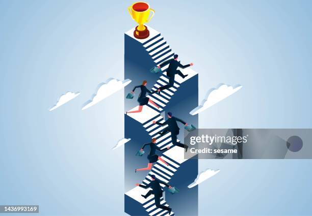 business competition or the concept of professional pursuit, competition with competitors, the businessman's desire for success or trophies, and trying to run on the steps to compete to try to get the trophy first - allowance stock illustrations