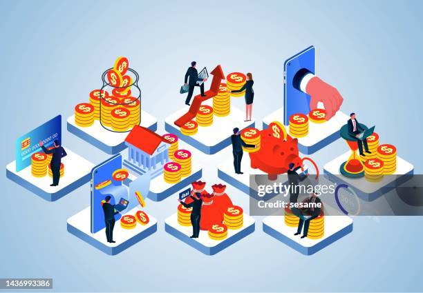 unternehmen oder finanzen sparen und investieren, geld verdienen, um finanzielle freiheit zu erreichen, vermögensverwaltung, return on investment, mehr einkommen, äquidistanter geschäftsinvestor sparen, investieren, arbeiten, geld verdienen in geschäft - crowdfunding stock-grafiken, -clipart, -cartoons und -symbole