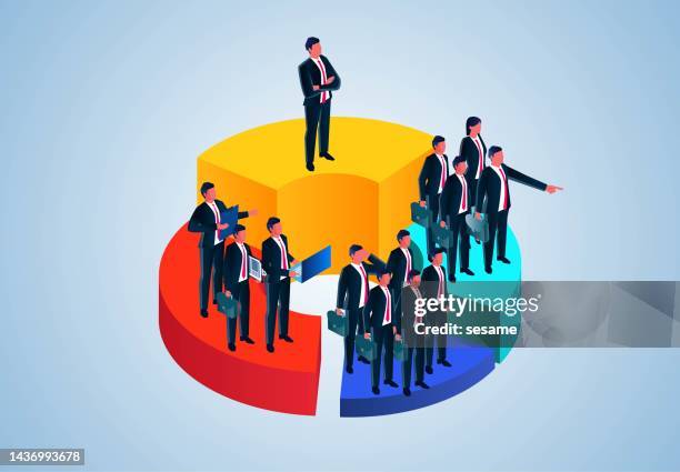 the proportion and share of market profits, the percentage of company shares held by shareholders and investors, the distribution of marketing strategy projects, and equidistant merchants stand on the pie chart - society economic growth development stock illustrations