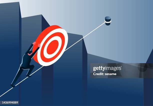 new goals and plans, business people risk walking a wire rope over a cliff pushing a target to the edge of another mountain, setting goals and conquering adversity to accomplish and achieve goals - access control cartoon stock illustrations