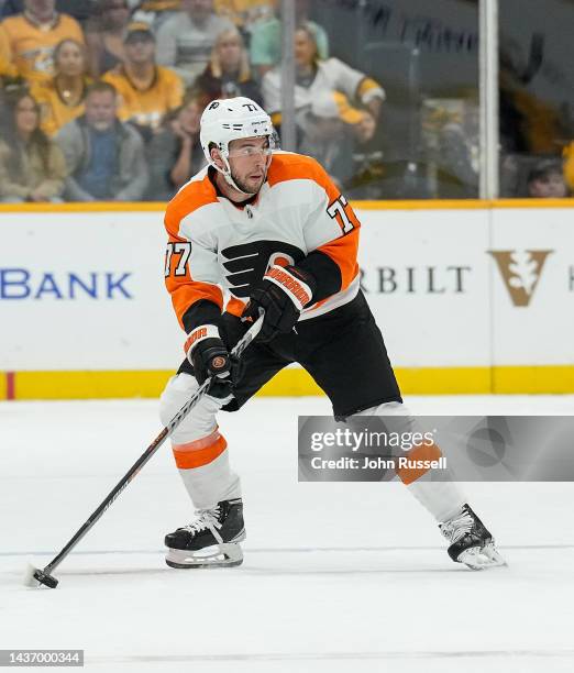 Tony DeAngelo of the Philadelphia Flyers skates against the Nashville Predators during an NHL game at Bridgestone Arena on October 22, 2022 in...